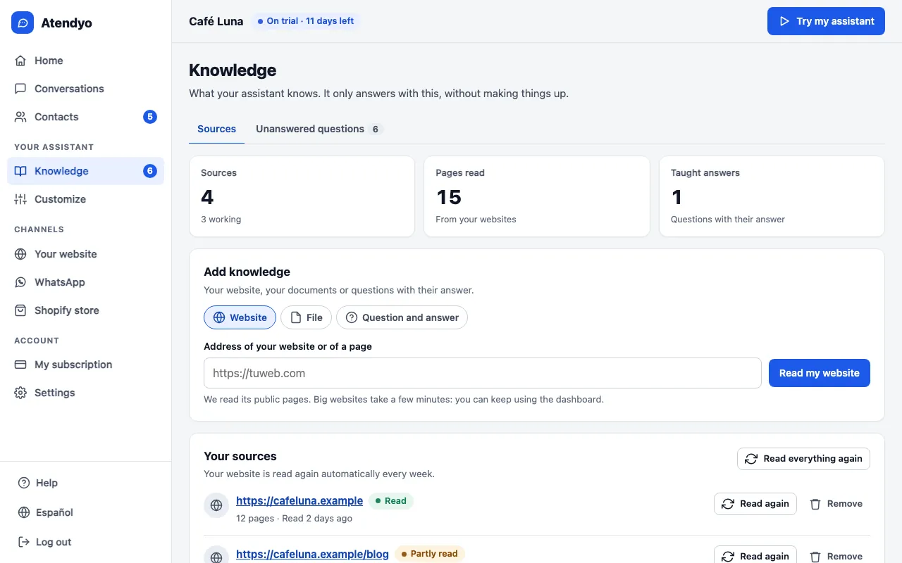 The dashboard's knowledge screen: sources, pages read and answers taught, and the form to add a website, a file or a question with its answer.