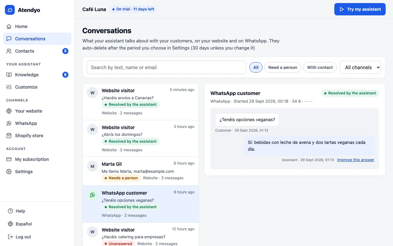 Conversation inbox with search and filters; on the right, an open WhatsApp conversation resolved by the assistant.