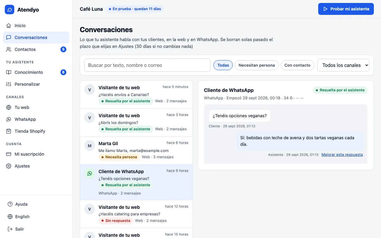 Bandeja de conversaciones con buscador y filtros; a la derecha, una conversación de WhatsApp abierta y resuelta por el asistente.