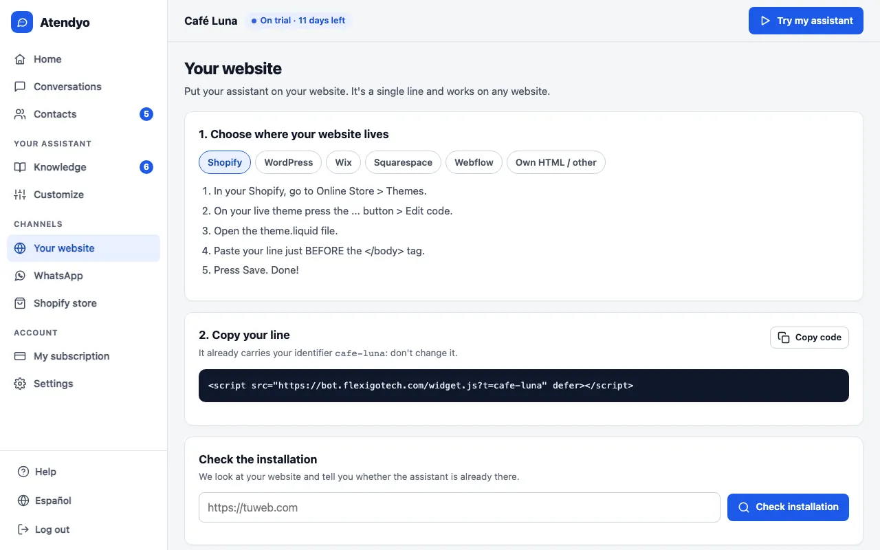 Installation screen: platform picker (Shopify, WordPress, Wix, Squarespace, Webflow, own HTML), the steps, the line of code to copy and the Check installation button.